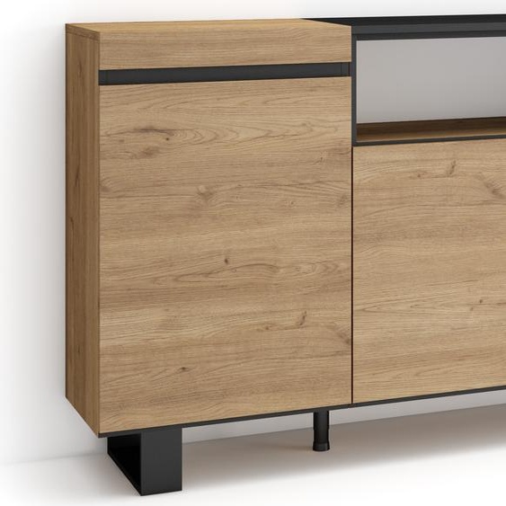 Buffet salon et cuisine, 200x35x87cm, 4 Portes, Chêne et noir