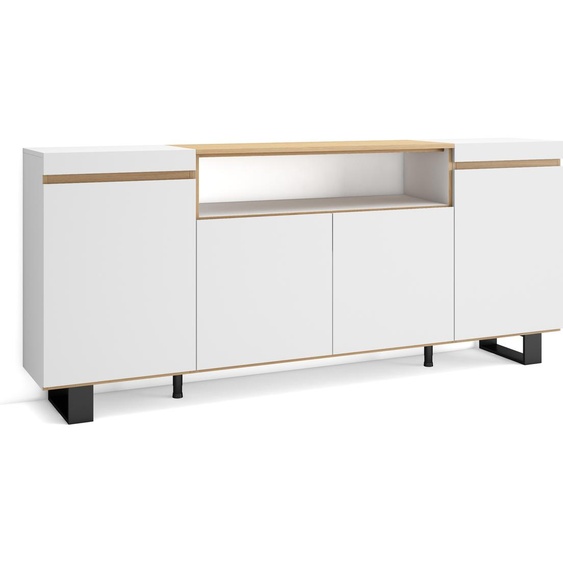 COZY Buffet salon et cuisine, 200x35x87cm, Blanc et Chêne Soft