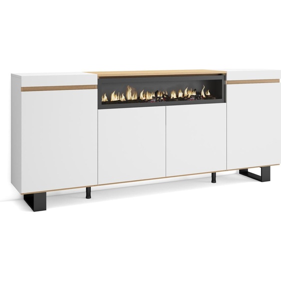 COZY Buffet salon et cuisine, 200x35x87cm, Cheminée électrique, Blanc et Chêne Soft