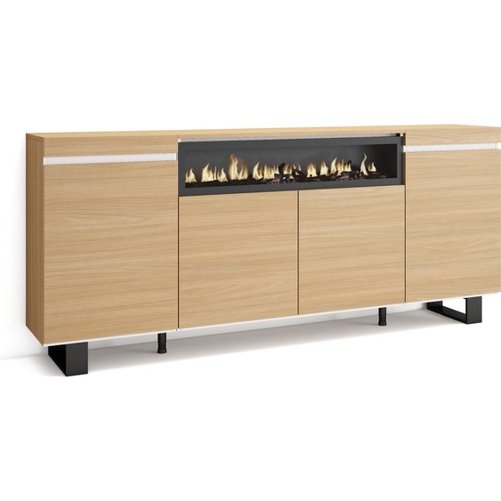 Buffet salon et cuisine, 200x35x87cm, Cheminée électrique, Chêne soft et blanc