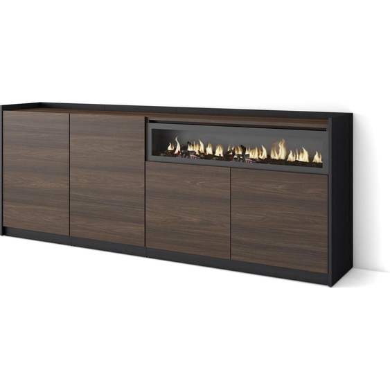 Buffet salon et cuisine, 207x37x80 cm, 4 Portes, Cheminée électrique, Chêne foncé et Noir