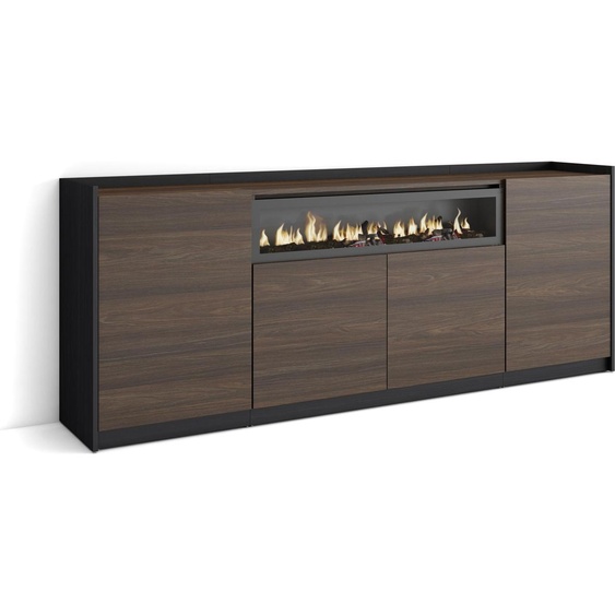 Buffet salon et cuisine, 207x37x80 cm, 4 Portes, Cheminée électrique, Chêne foncé et Noir