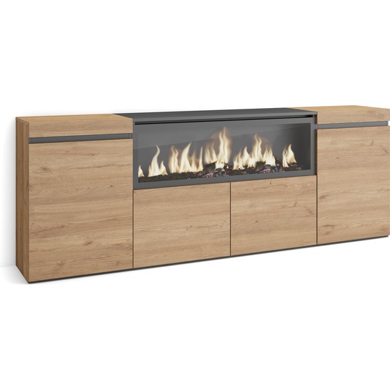 COZY Buffet salon et cuisine, 208x35x75cm, 4 Portes, Cheminée électrique XXL, Chêne