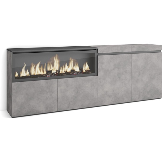 COZY Buffet salon et cuisine, 208x35x75cm, 4 Portes, Cheminée électrique XXL, Ciment