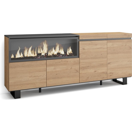 Buffet salon et cuisine, 208x35x87cm, 4 Portes, Cheminée électrique XXL, Chêne