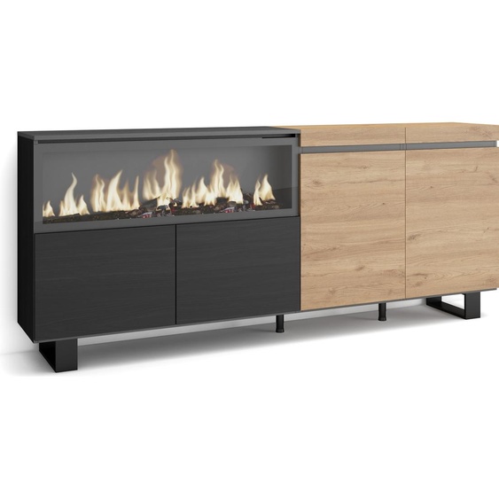 Buffet salon et cuisine, 208x35x87cm, 4 Portes, Cheminée électrique XXL, Chêne et noir