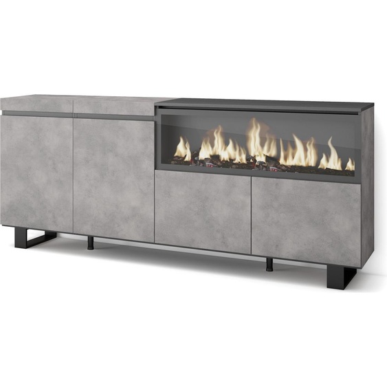 COZY Buffet salon et cuisine, 208x35x87cm, 4 Portes, Cheminée électrique XXL, Ciment