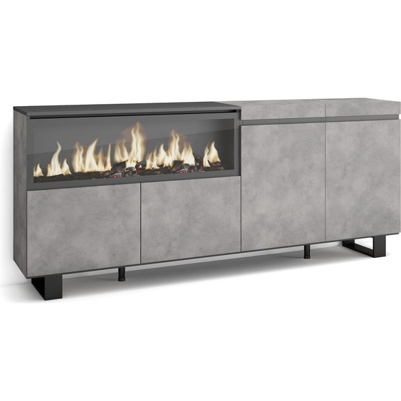 COZY Buffet salon et cuisine, 208x35x87cm, 4 Portes, Cheminée électrique XXL, Ciment