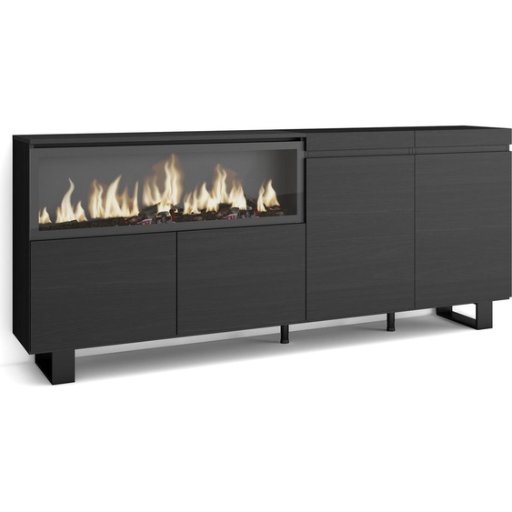 Buffet salon et cuisine, 208x35x87cm, 4 Portes, Cheminée électrique XXL, Noir