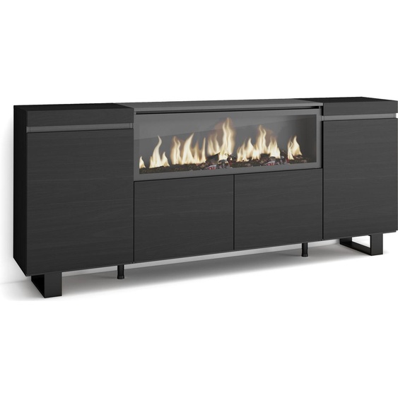 Buffet salon et cuisine, 208x35x87cm, 4 Portes, Cheminée électrique XXL, Noir