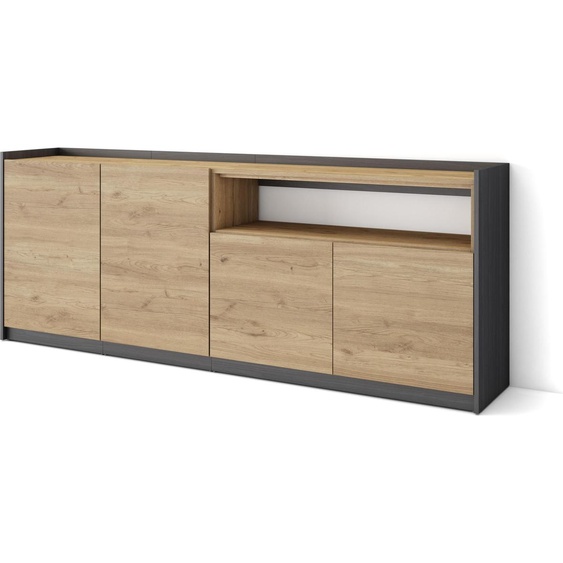 Buffet salon et cuisine, Meuble de Rangement, Commode, 207x37x80cm, 4 Portes, Meuble chaussure, Chêne et noir
