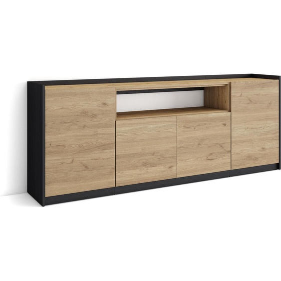 Buffet salon et cuisine, Meuble de Rangement, Commode, 207x37x80cm, 4 Portes, Meuble chaussure, Chêne et noir