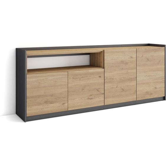 Buffet salon et cuisine, Meuble de Rangement, Commode, 207x37x80cm, 4 Portes, Meuble chaussure, Chêne et noir