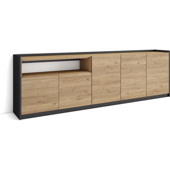 Buffet salon et cuisine, Meuble de Rangement, Commode, 260x37x80cm, 5 Portes, Meuble chaussure, Chêne et noir