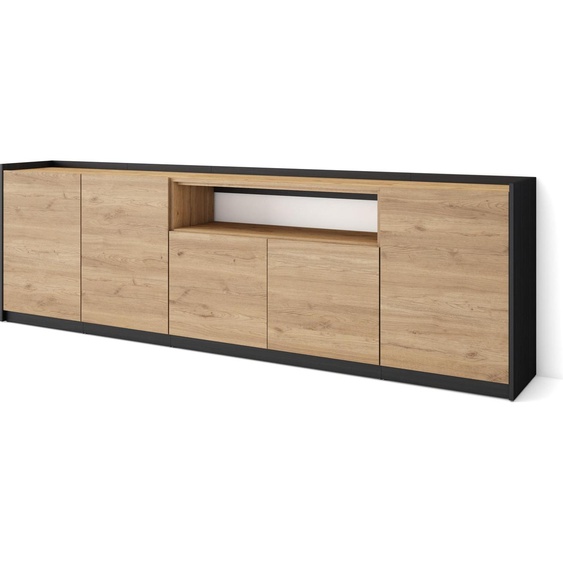 Buffet salon et cuisine, Meuble de Rangement, Commode, 260x37x80cm, 5 Portes, Meuble chaussure, Chêne et noir