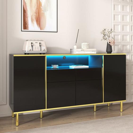Buffet Salon Noir Brillant À LED Eclairage 150x40x80cm, Buffet Bahut Elégan, T Avec 2 Tiroirs 4 Portes, Pieds En Métal Doré