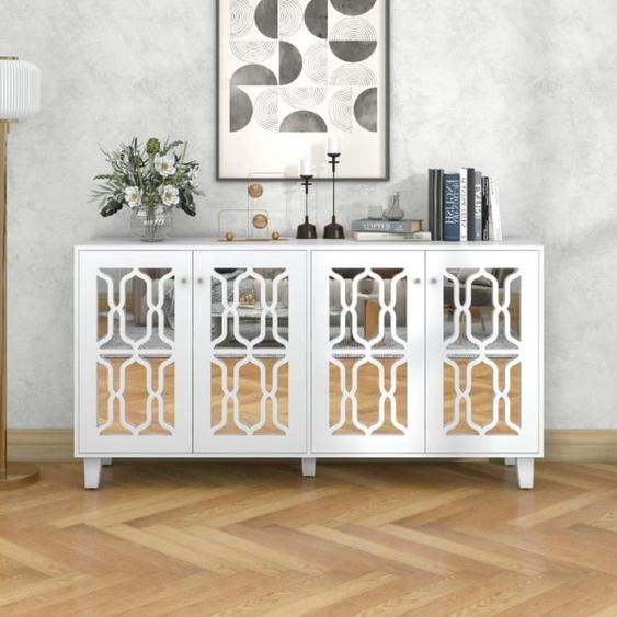 Buffet Salon Style moderne - Buffet blanc miroir - avec poignée en cristal froid et 4 porte, stratifié mobile pour salon et manger