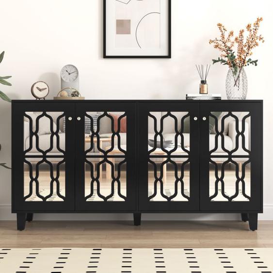 Buffet Salon Style Moderne - Buffet Miroir Noir - Avec Poignée En Cristal Froid Et 4 Porte, Stratifié Mobile, 160 X 40 X 84 Cm
