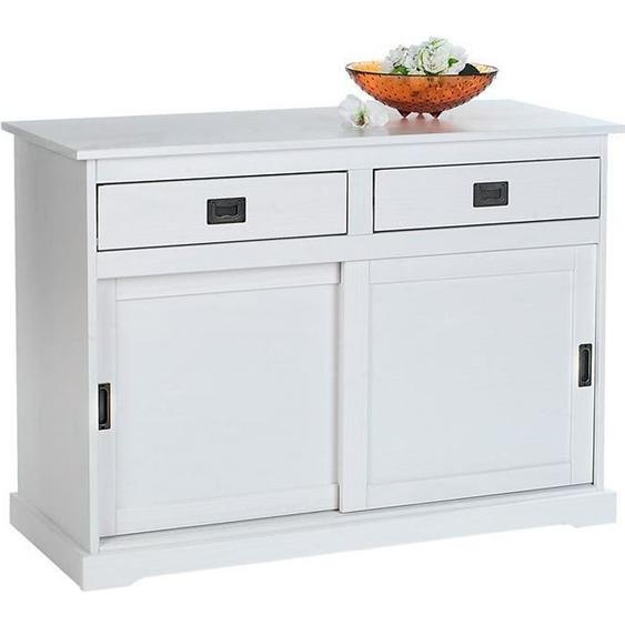 Buffet SAVONA bahut vaisselier commode avec 2 tiroirs et 2 portes coulissantes, en pin massif lasuré blanc