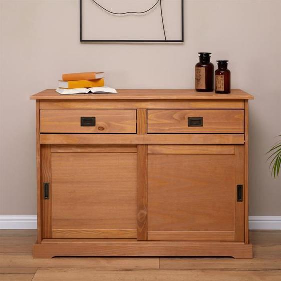 Buffet SAVONA bahut vaisselier commode avec 2 tiroirs et 2 portes coulissantes, en pin massif lasuré brun
