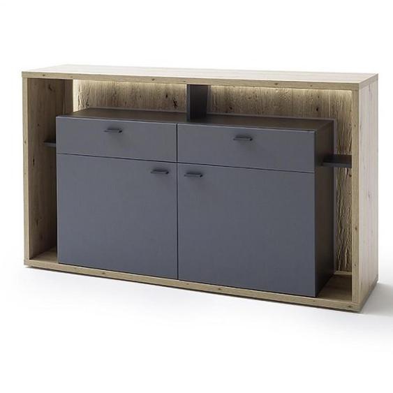 Buffet SOLO 156 x 91 cm Mélamine chêne Façade Gris royal 2 portes- 2 tiroirs