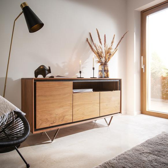Buffet Stonegrace 145 cm acacia nature 3 portes 1 compartiment placage en pierre pieds en V, Buffets