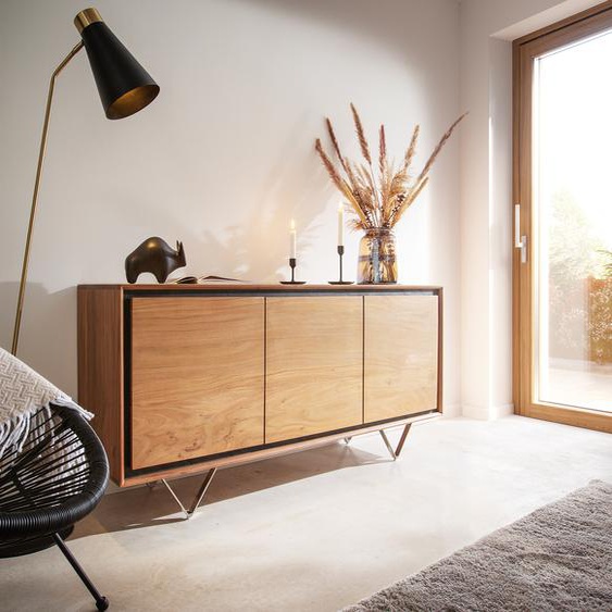 Buffet Stonegrace 145 cm acacia nature 3 portes placage en pierre pieds en V, Buffets