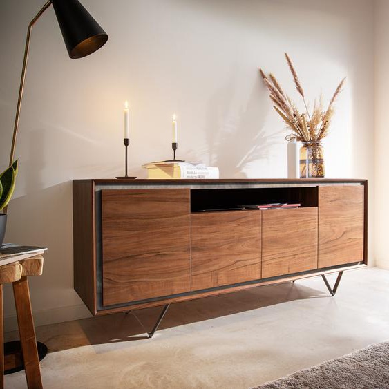 Buffet Stonegrace 175 cm acacia marron placage de pierre 4 portes 1 compartiment pied en V noir, Buffets