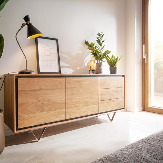 Buffet Stonegrace 175 cm acacia nature 2 portes 3 tiroirs placage en pierre pieds en V, Buffets