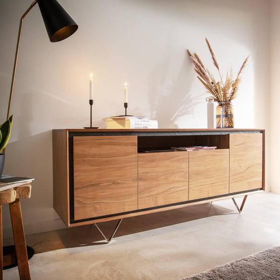 Buffet Stonegrace 175 cm acacia nature 4 portes 1 compartiment placage en pierre pieds en V, Buffets