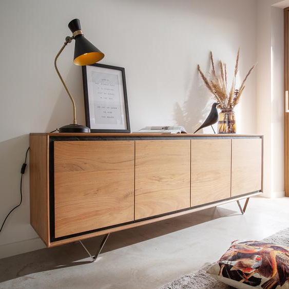 Buffet Stonegrace 200 cm acacia nature 4 portes placage en pierre pieds en V, Buffets