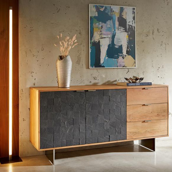 Buffet Teele 147 cm acacia naturel ardoise 2 portes 3 tiroirs pied flottant inoxydable, Buffets
