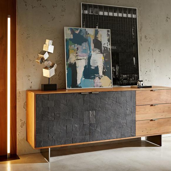 Buffet Teele 175 cm acacia naturel ardoise 2 portes 3 tiroirs pied flottant inoxydable, Buffets