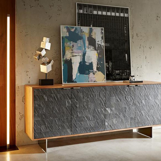 Buffet Teele 175 cm acacia naturel ardoise 4 portes pied flottant inoxydable, Buffets
