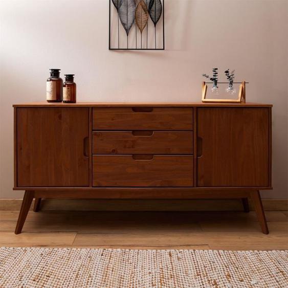 Buffet TIVOLI design vintage scandinave nordique commode bahut vaisselier avec 3 tiroirs 2 portes, en pin massif lasuré brun foncé