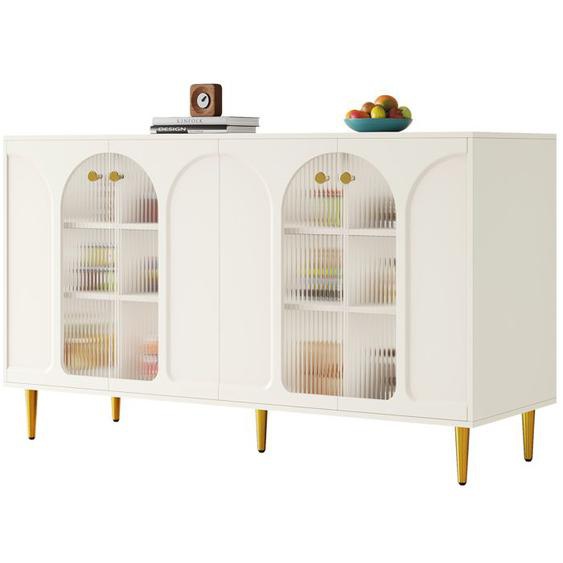 Buffet -TOPESCT- 140 x 40 x 85 cm, design avec portes en verre et détails décoratifs en métal, moderne minimaliste, blanc