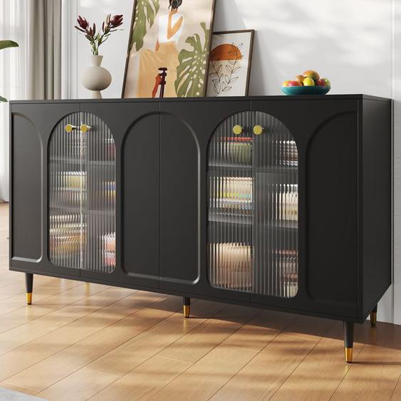 Buffet -TOPESCT- 140 x 40 x 85 cm, design avec portes en verre et détails décoratifs en métal, moderne minimaliste, noir