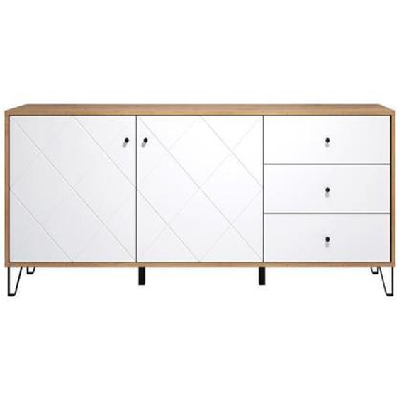 Touch Buffet 2 portes, 3 tiroirs, finition chêne, blanc mat.