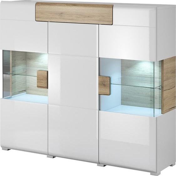 Buffet XL150cm collection OHIO. Éclairage LED intégré. Coloris blanc et chêne.