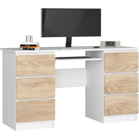 Bureau A-11 135 cm Blanc Sonoma - Bureau élégant et fonctionnel avec 6 tiroirs