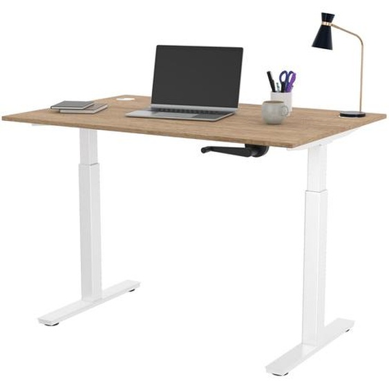 Bureau Assis-Debout Activo à Manivelle L.120 x P.80 cm - Plateau Chêne Nebraska avec obturateurs - Pieds métal Blanc