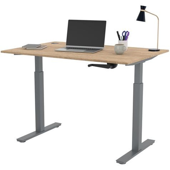 Bureau Assis-Debout Activo à Manivelle L.120 x P.80 cm - Plateau Chêne Nebraska avec obturateurs - Pieds métal Gris