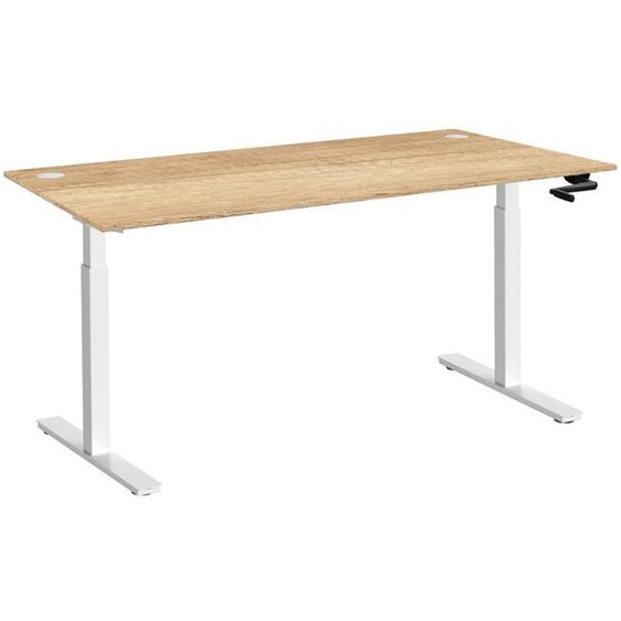 Bureau Assis-Debout Activo à Manivelle L.160 x P.80 cm - Plateau Chêne Nebraska avec obturateurs - Pieds métal Blanc