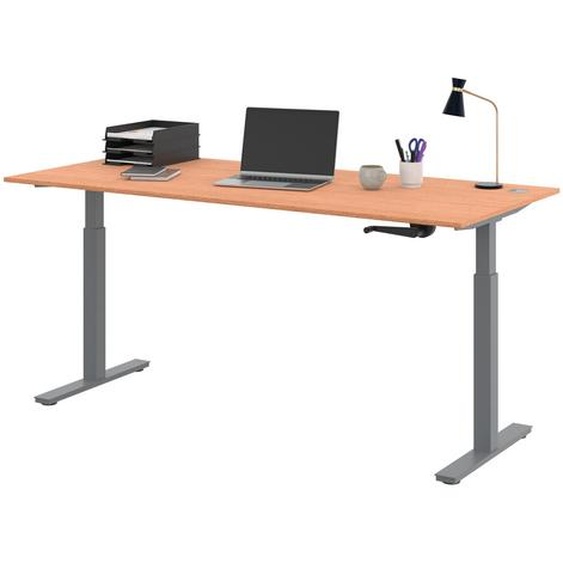 Bureau Assis-Debout Activo à Manivelle L.180 x P.80 cm - Plateau Hêtre avec obturateurs - Pieds métal Gris