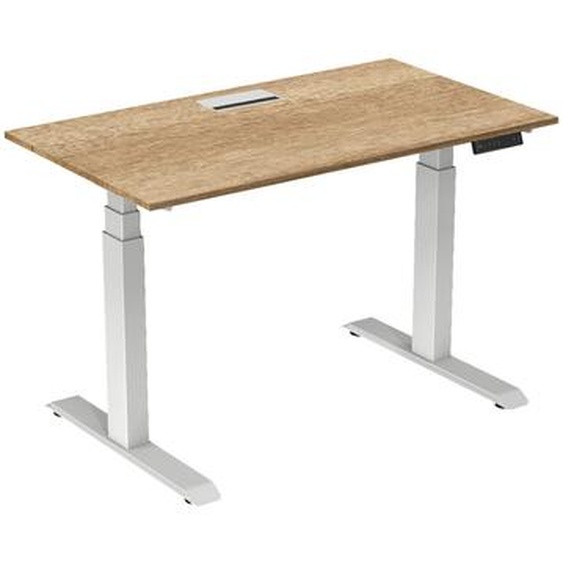 Bureau assis-debout Activo - Réglage électrique en hauteur - L.140 x P.80 cm - Plateau Chêne Nebraska avec top access - Pieds métal Blanc