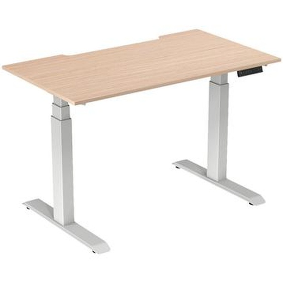 Bureau assis-debout Activo - Réglage électrique en hauteur - L.140 x P.80 cm - Plateau Hêtre avec échancrure - Pieds métal Blanc