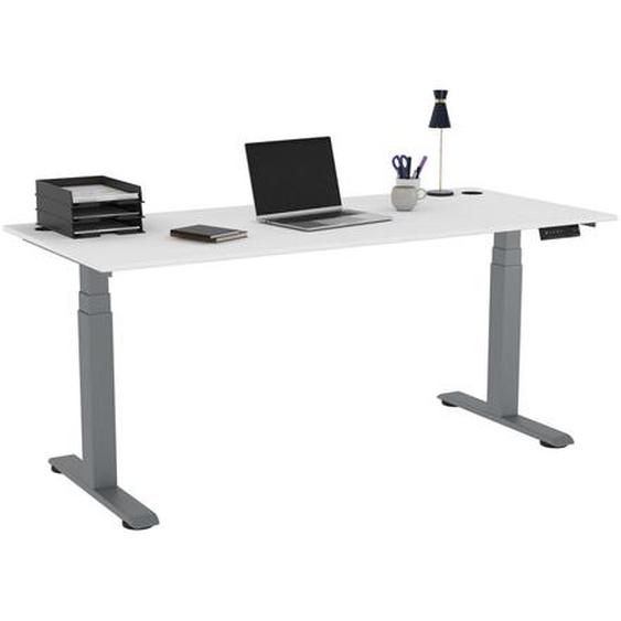 Bureau assis-debout Activo - Réglage électrique en hauteur - L.180 x P.80 cm - Plateau Blanc avec obturateurs - Pieds métal Gris