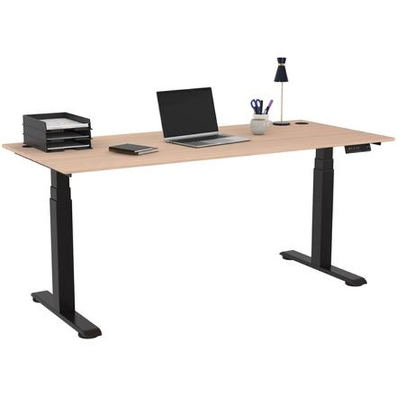 Bureau assis-debout Activo - Réglage électrique en hauteur - L.180 x P.80 cm - Plateau Chêne avec obturateurs - Pieds métal Noir