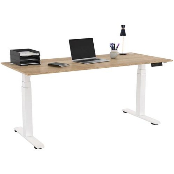 Bureau assis-debout Activo - Réglage électrique en hauteur - L.180 x P.80 cm - Plateau Chêne Nebraska avec obturateurs - Pieds métal Blanc