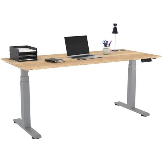 Bureau assis-debout Activo - Réglage électrique en hauteur - L.180 x P.80 cm - Plateau Chêne Nebraska avec obturateurs - Pieds métal Gris